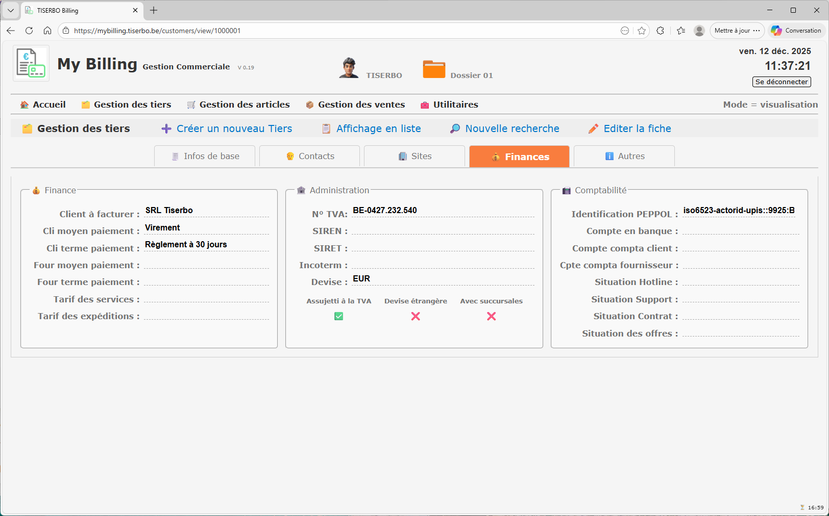 Gestion des clients – fiche (finances / Peppol)