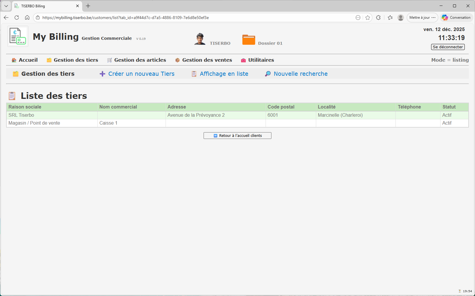 Gestion des clients – liste des tiers