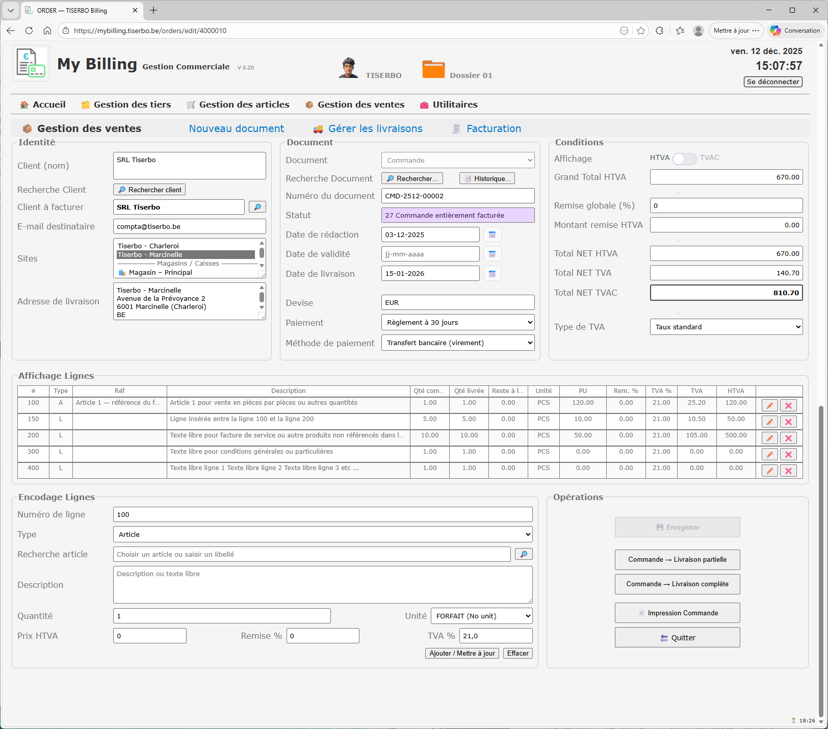 Gestion des ventes – commande
