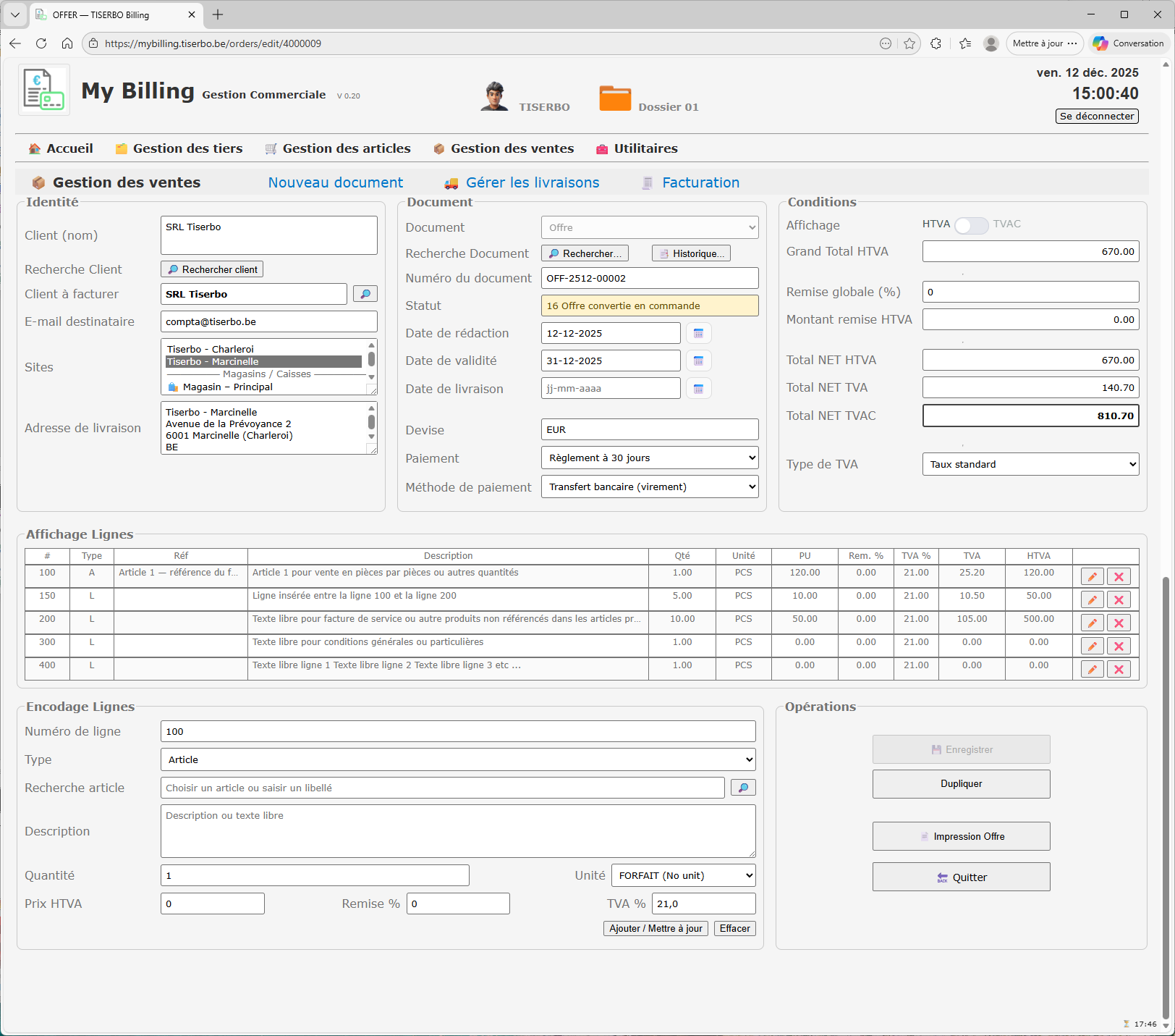 Gestion des ventes – offre