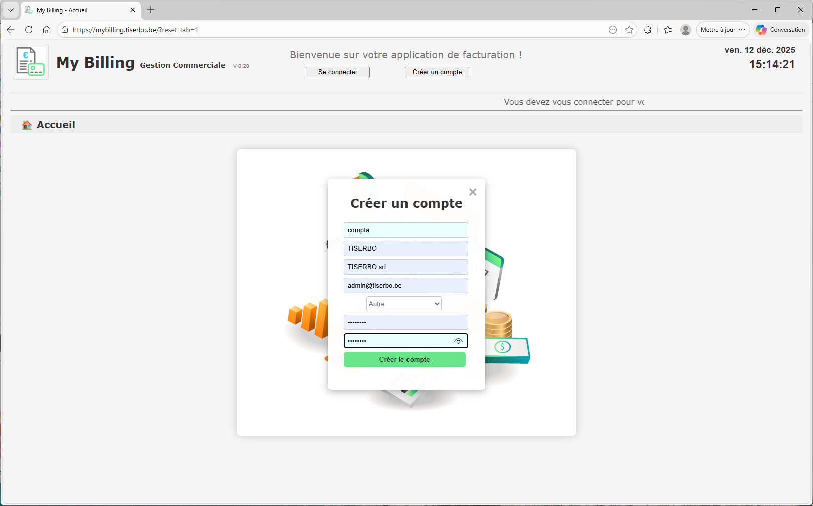 Accueil – création de compte