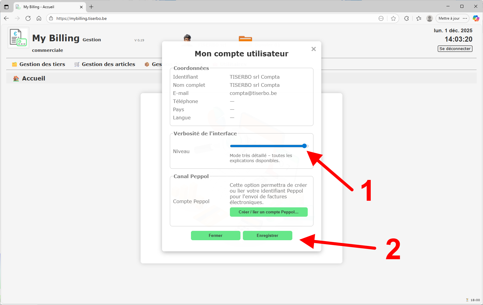 Réglage de la verbosité et bouton Enregistrer
