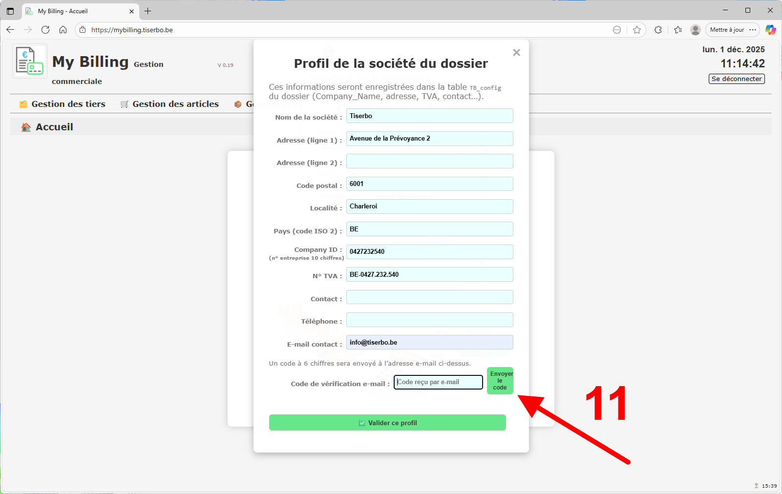 Fenêtre Profil de la société du dossier