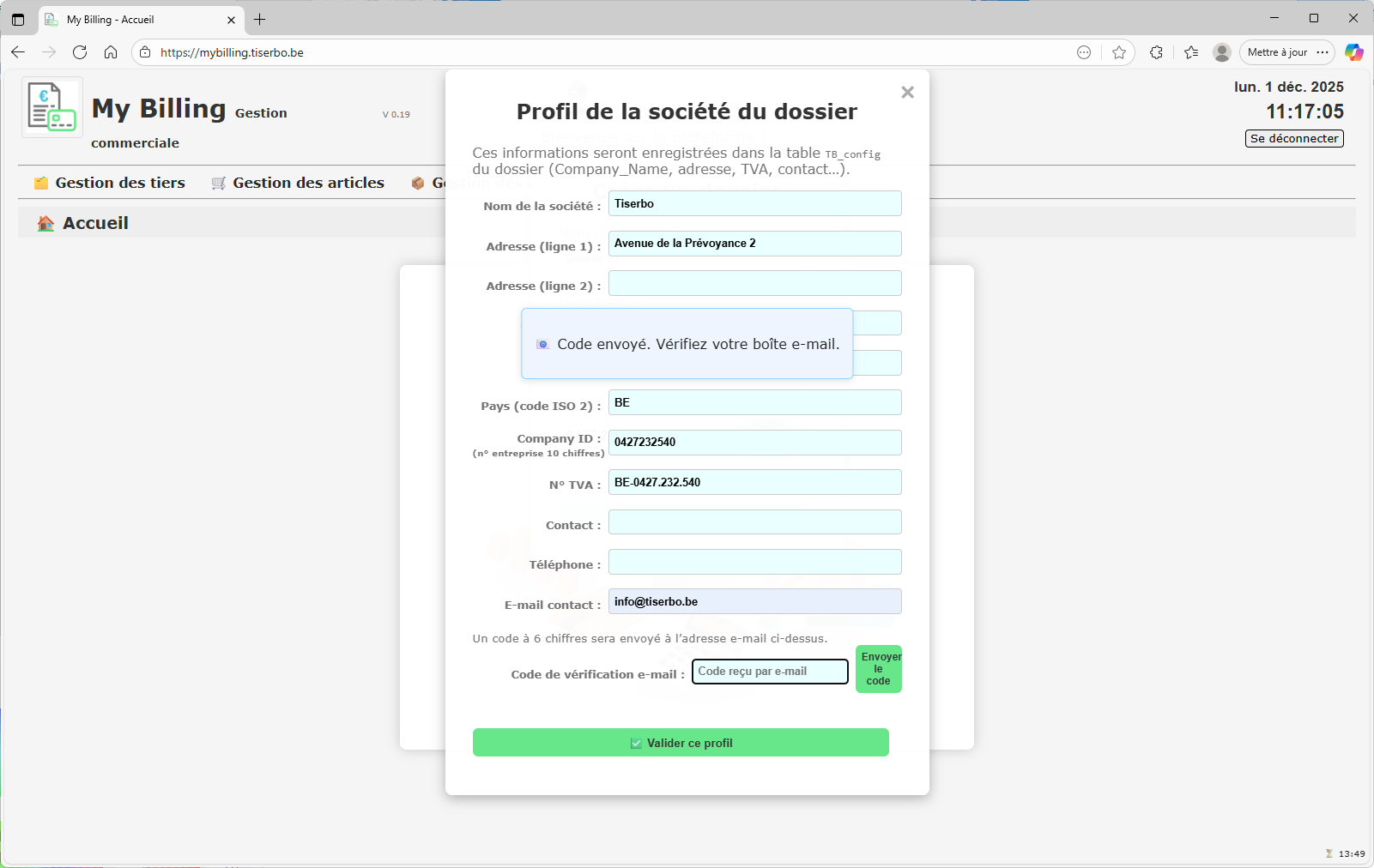 Code envoyé pour le profil de société