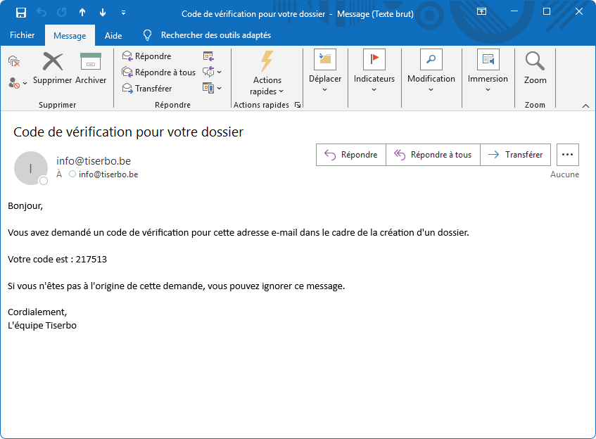 E-mail code de vérification pour votre dossier