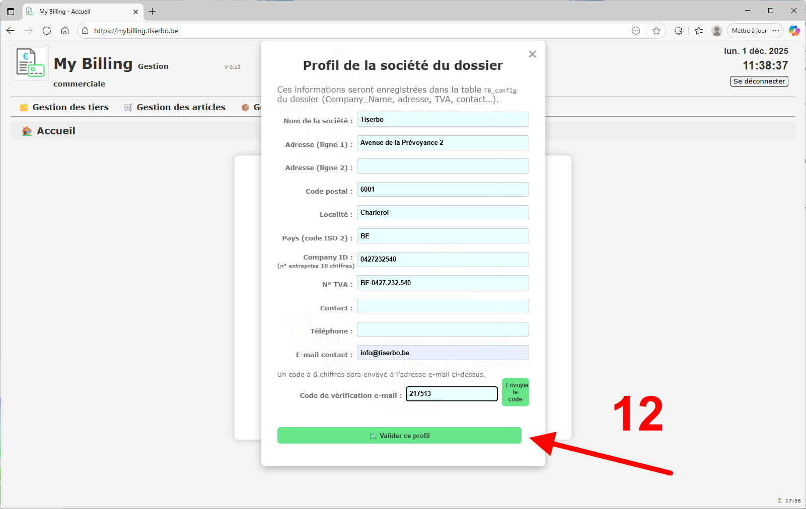 Validation du profil de la société avec le code