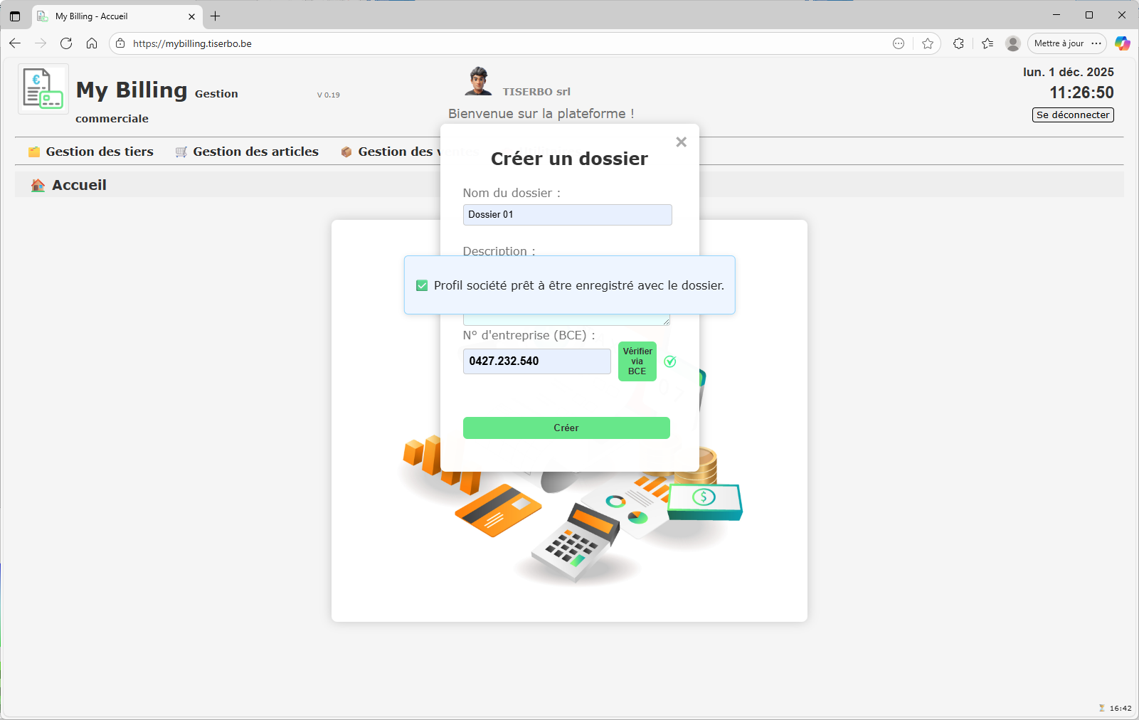 Profil société prêt à être enregistré avec le dossier