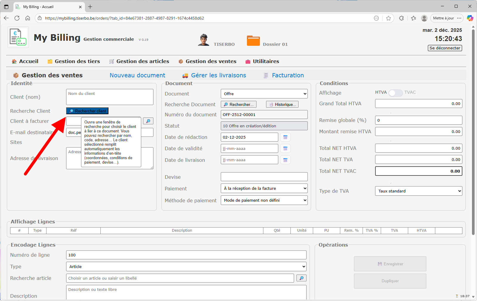 Choix du type de ligne Article ou Libre