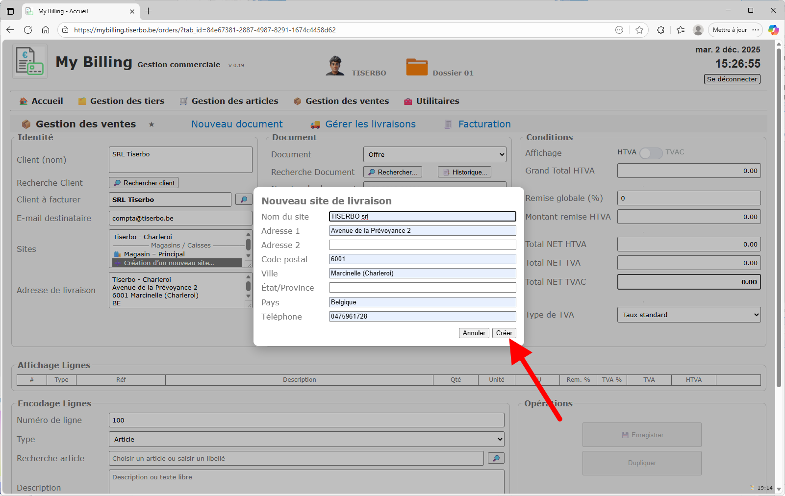 Ligne article ajoutée dans le tableau affichage lignes