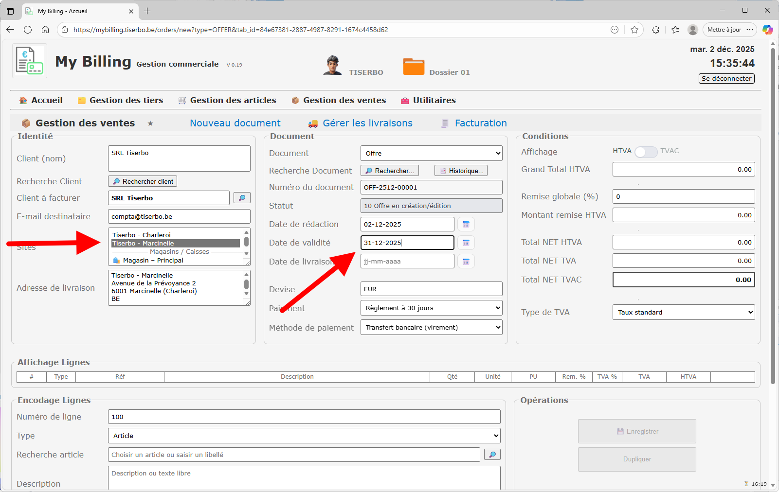 Changement du type de ligne pour passer à une ligne libre