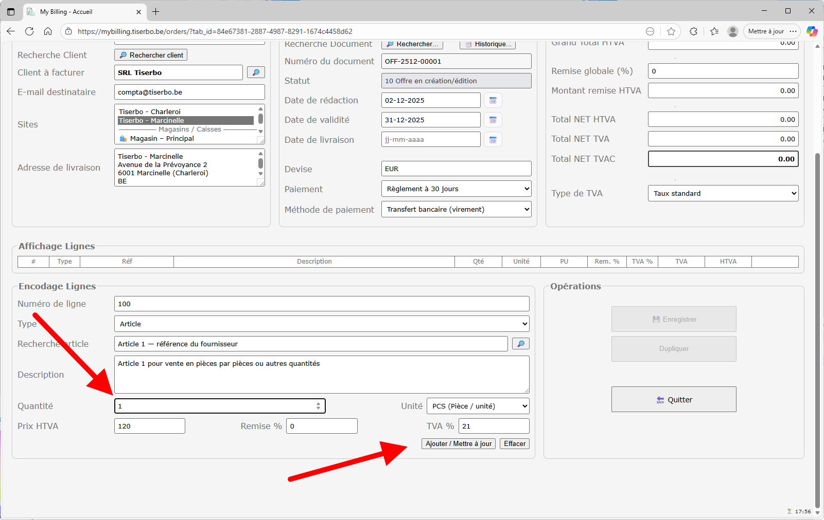 Préparation d'une nouvelle ligne libre pour conditions générales