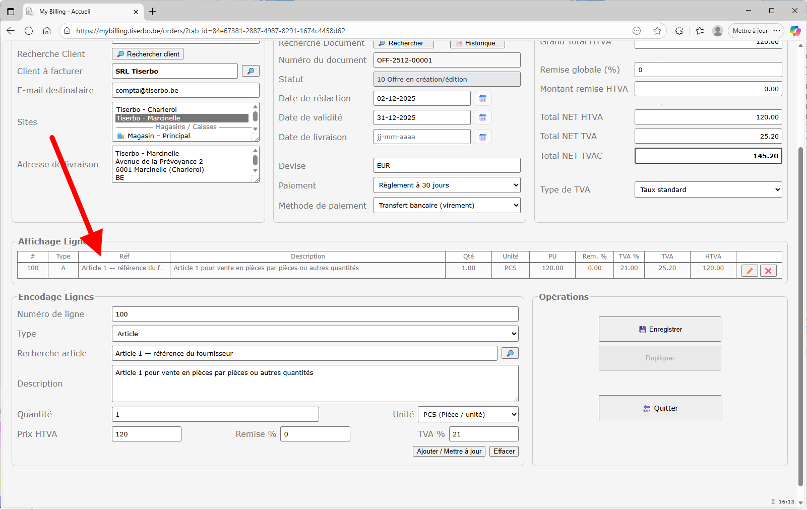 Offer complète avec ligne article, texte libre et conditions générales