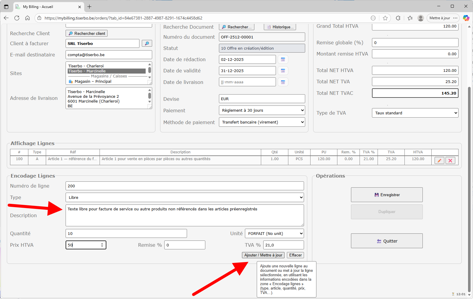 Affichage de plusieurs lignes libres dans l'offre
