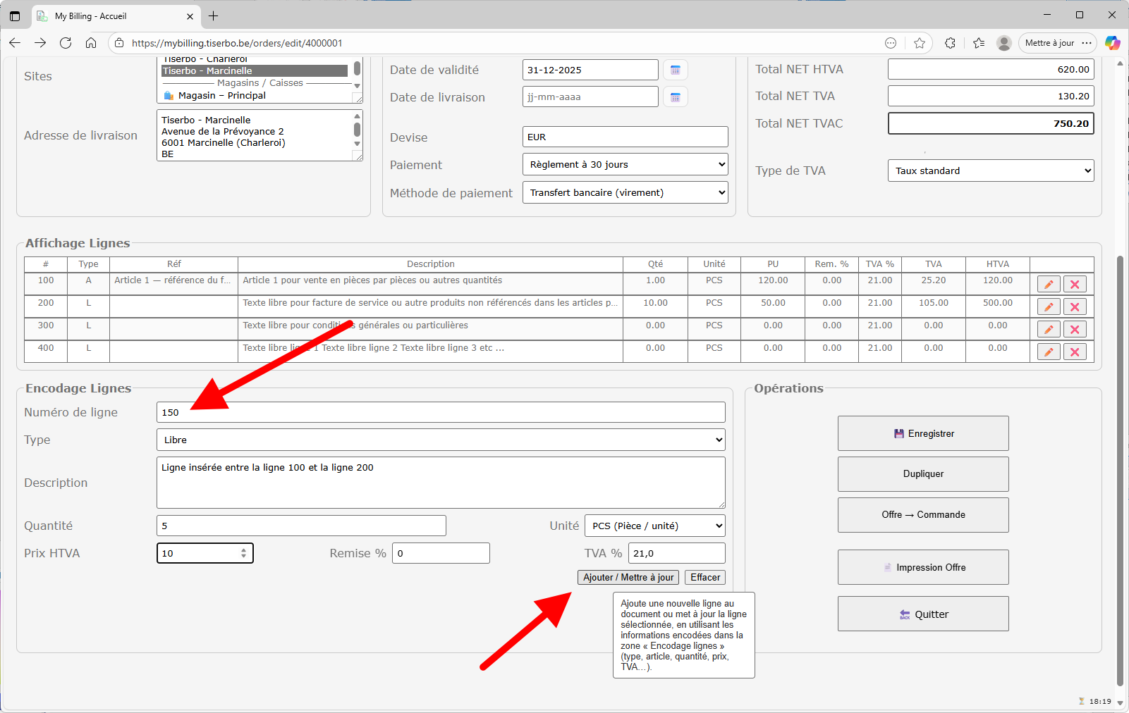 Préparation pour insérer une ligne avec un numéro intermédiaire