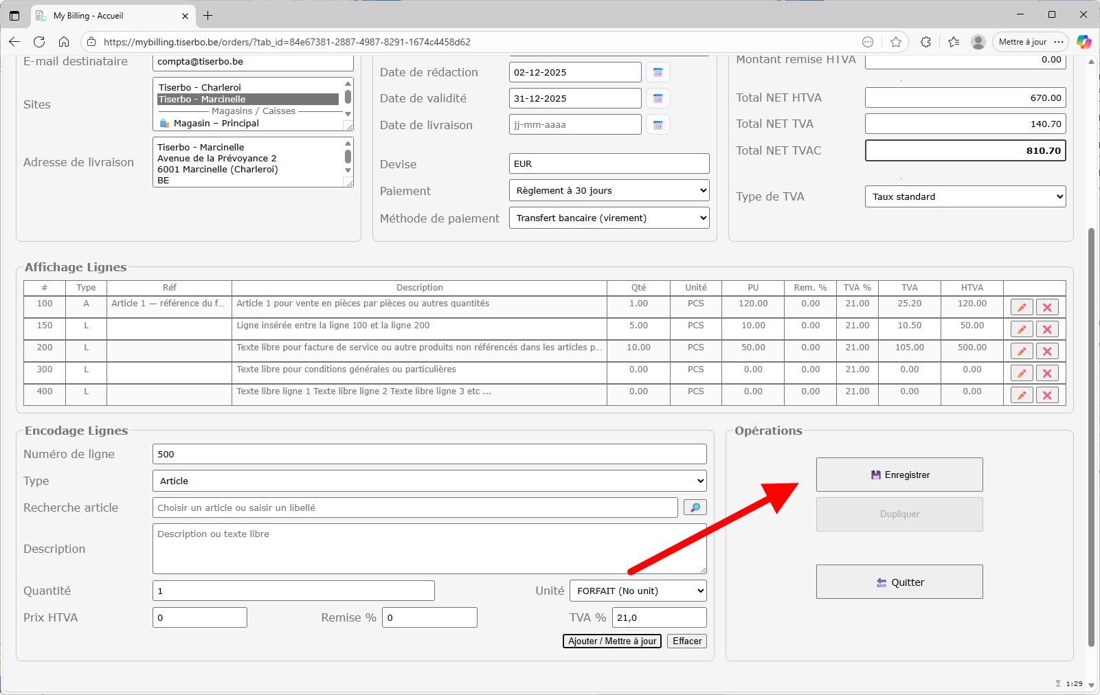 Ligne 150 insérée entre 100 et 200 dans le tableau