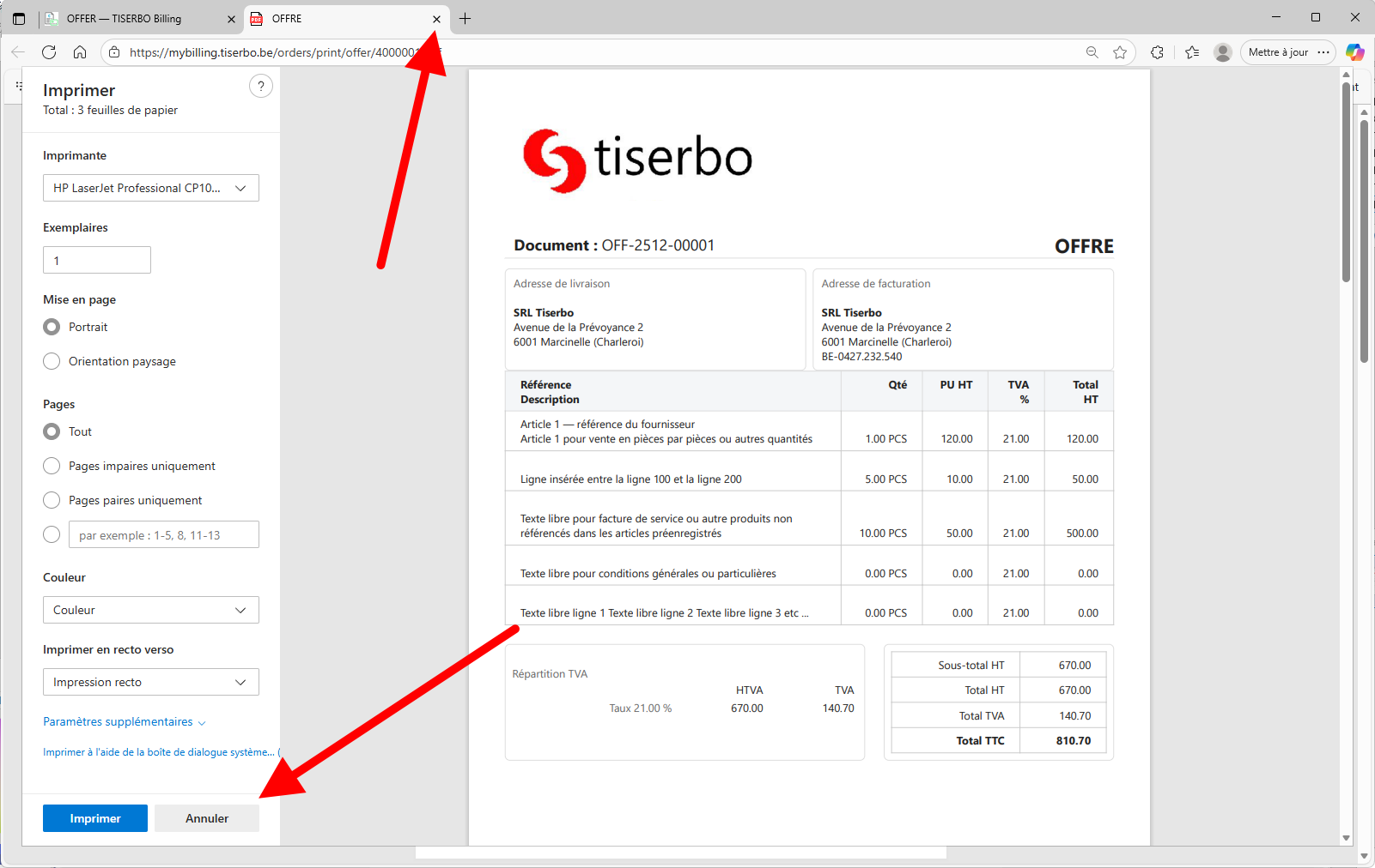 Bouton Impression Offres dans le bloc opérations