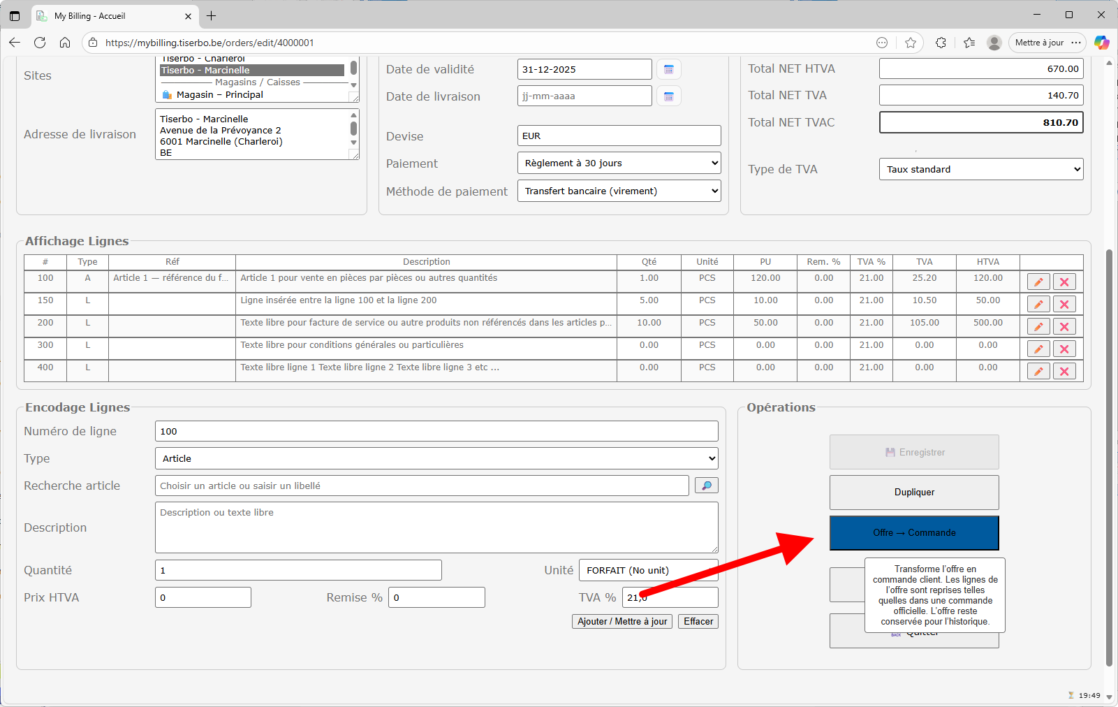Retour à l'écran Gestion des ventes après impression