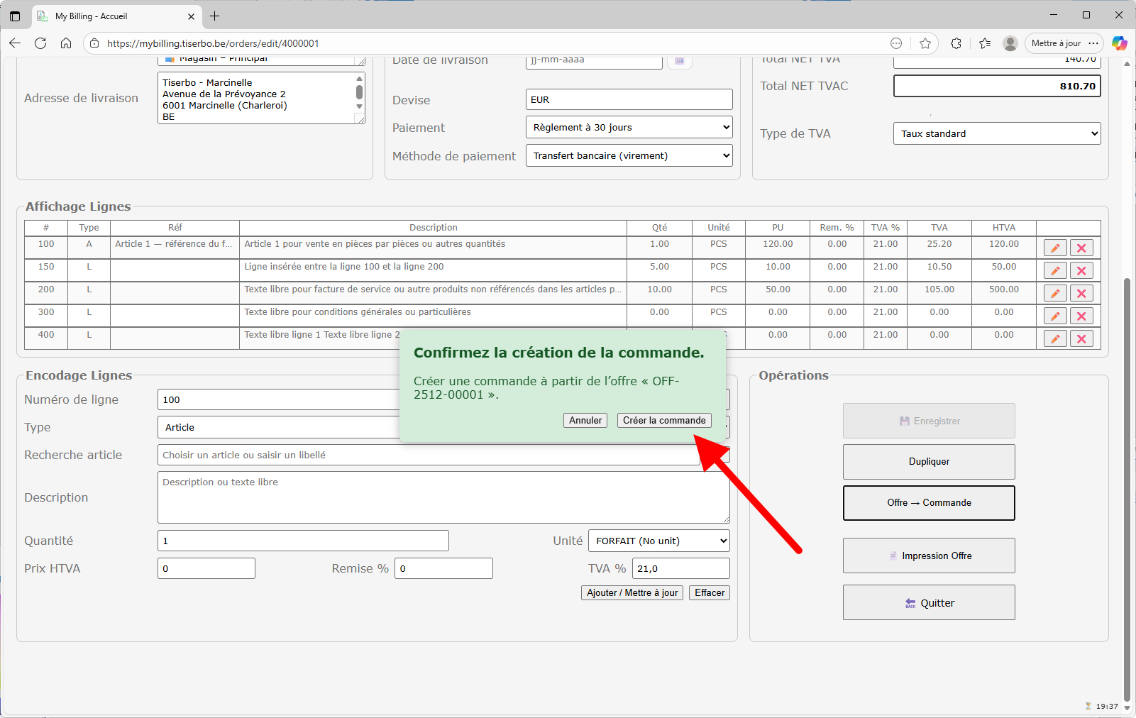 Confirmation de création de commande à partir de l'offre