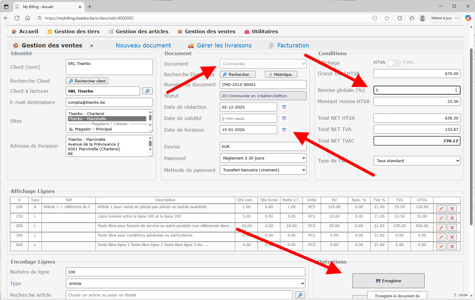 Commande générée à partir de l'offre