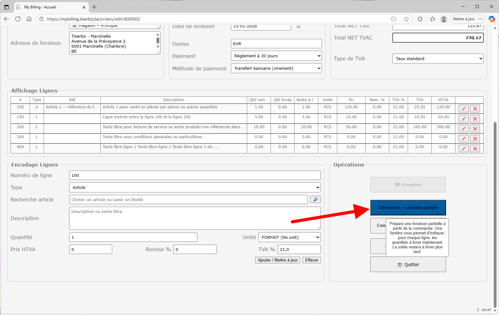 Bouton Commande vers livraison partielle