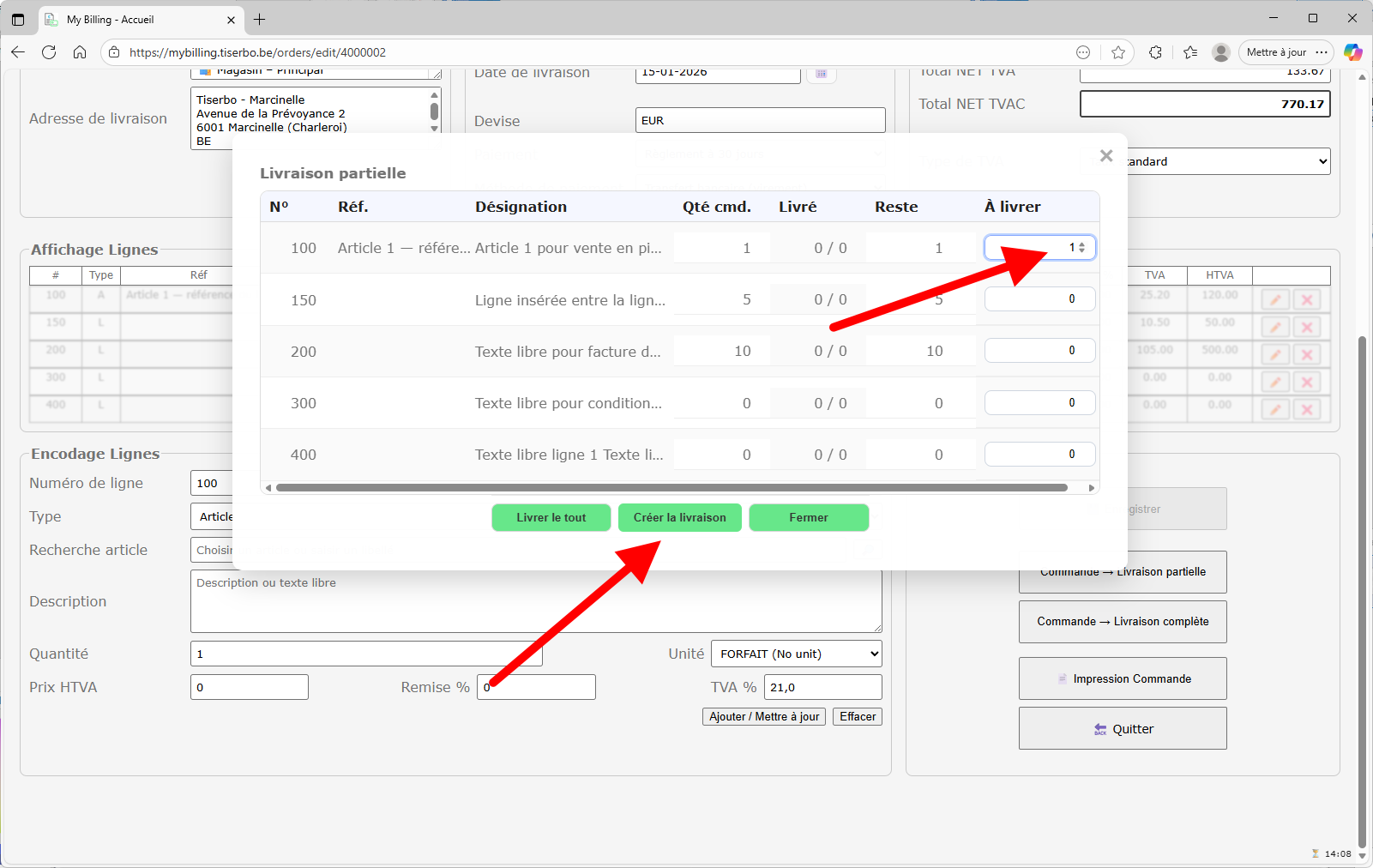 Fenêtre de préparation de livraison partielle