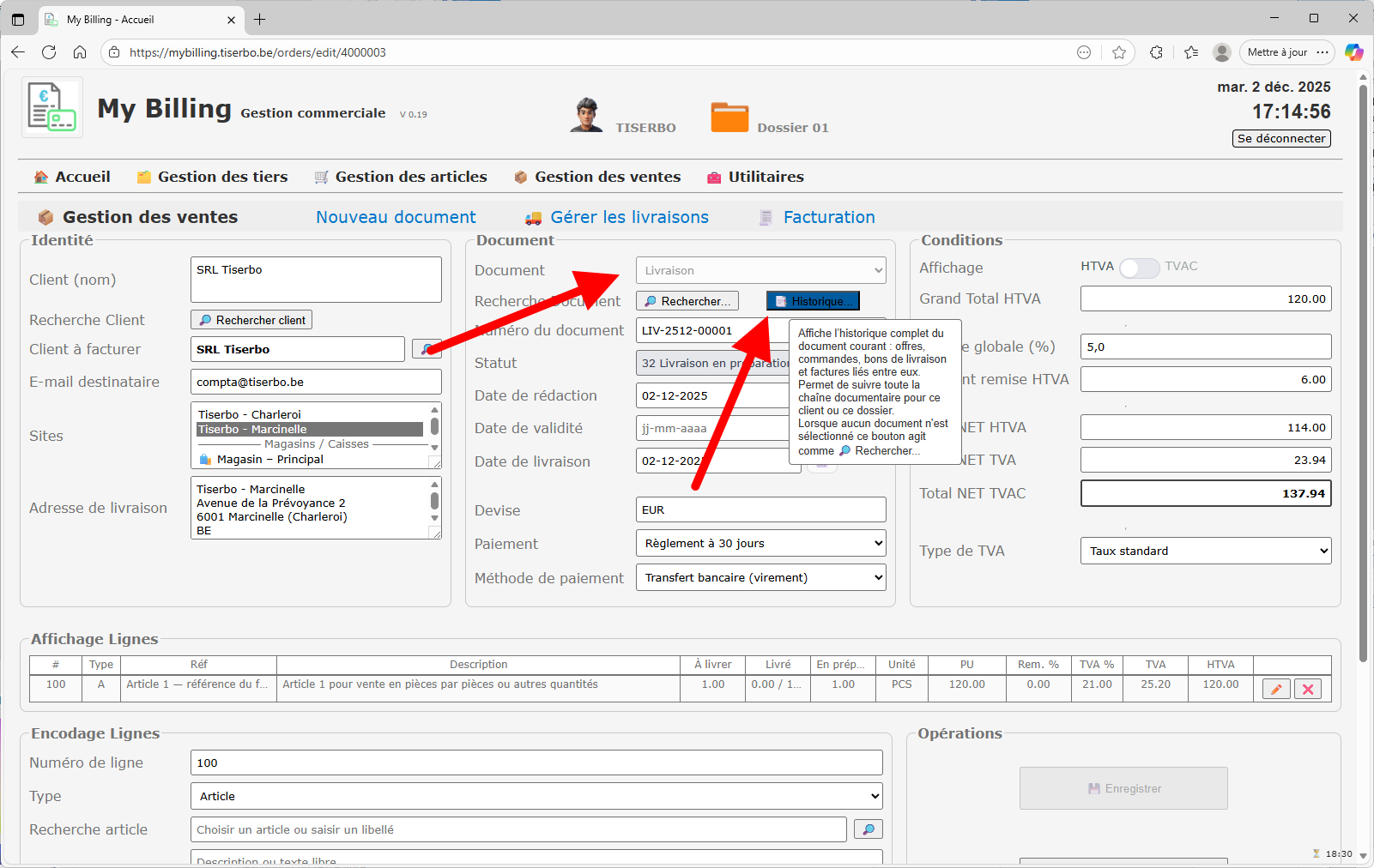 Écran Gestion des livraisons pour un bon en préparation