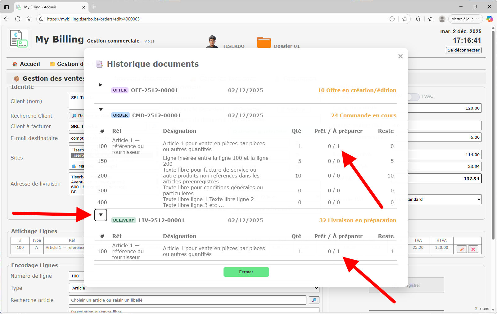 Historique documents montrant l'offre, la commande et la livraison