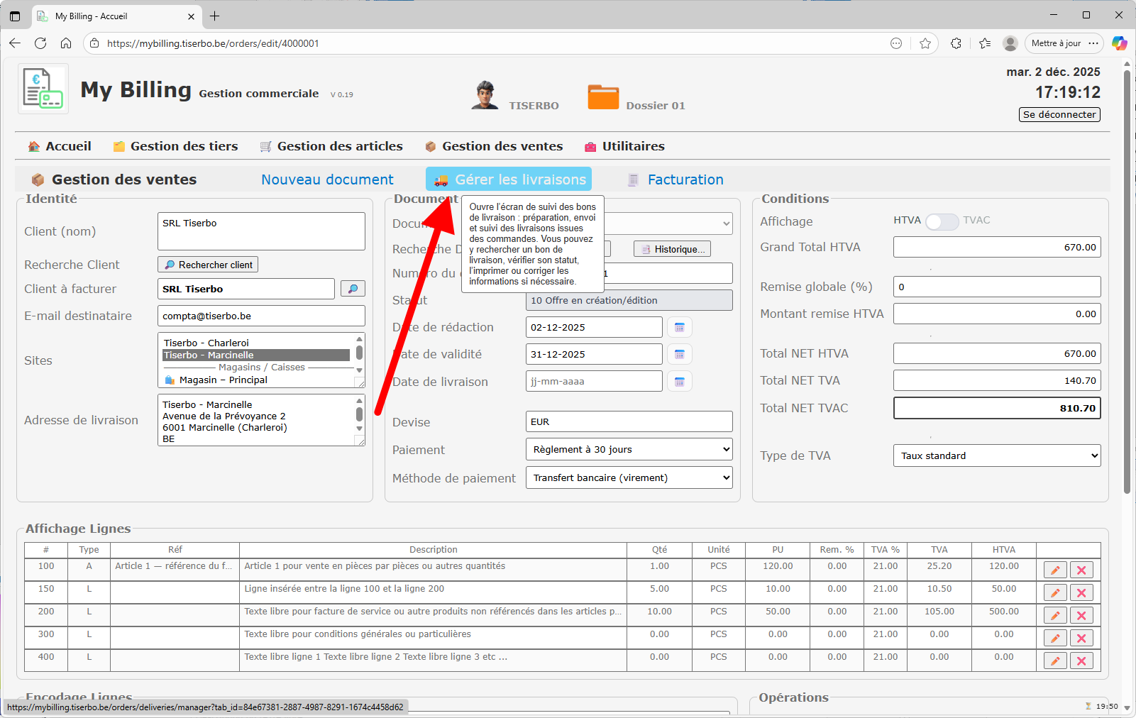 Lien vers module Gérer les livraisons depuis Gestion des ventes