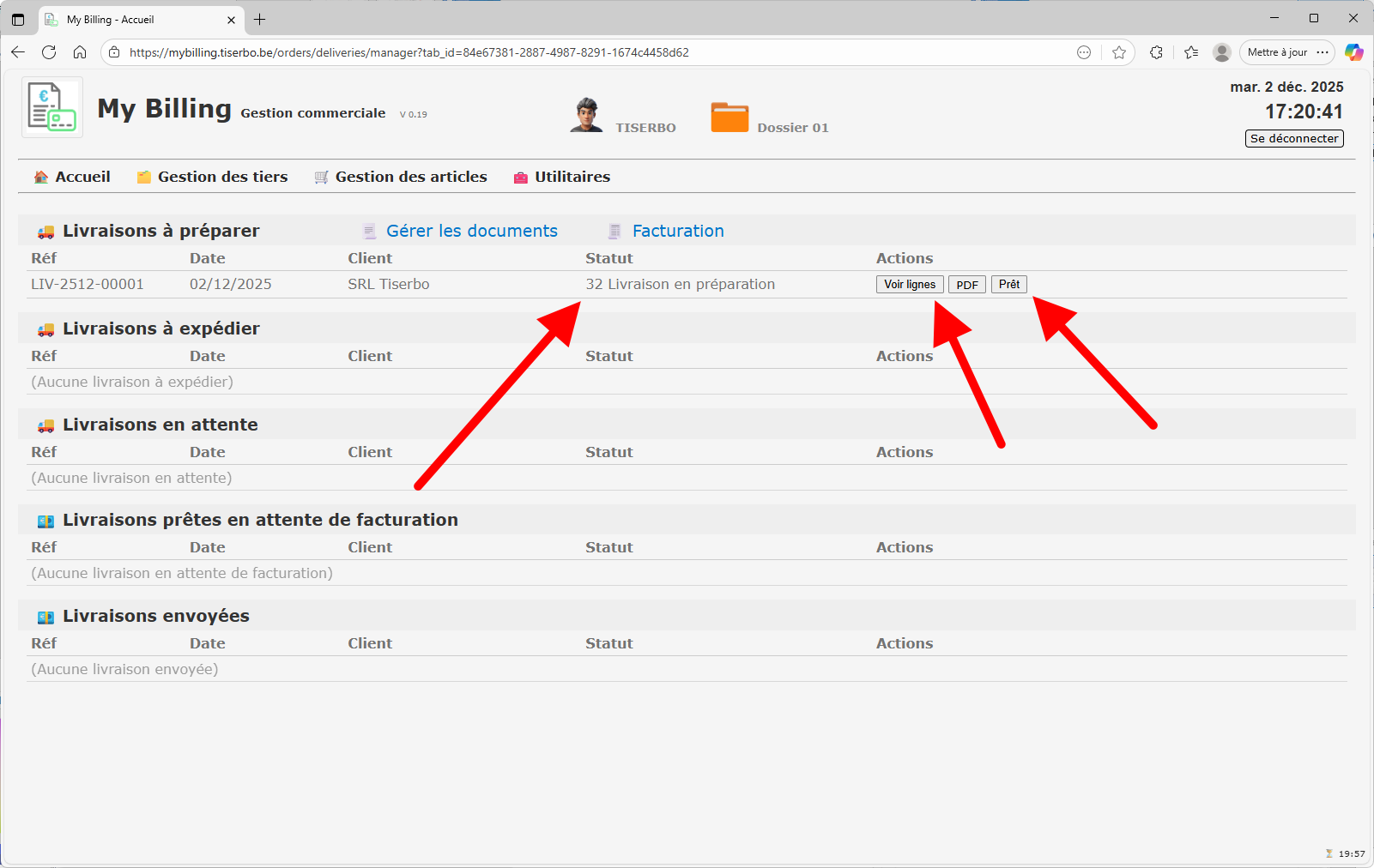 Liste des livraisons à préparer avec actions Voir lignes, PDF, Prêt