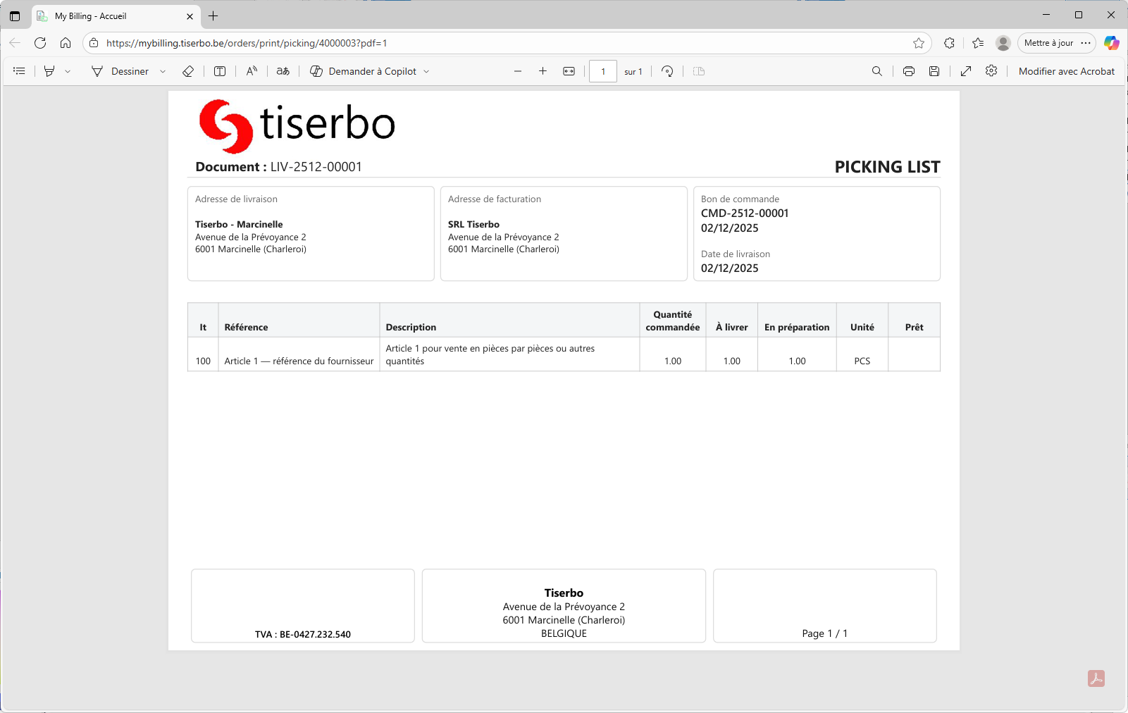 Picking list imprimée pour la préparation de la livraison
