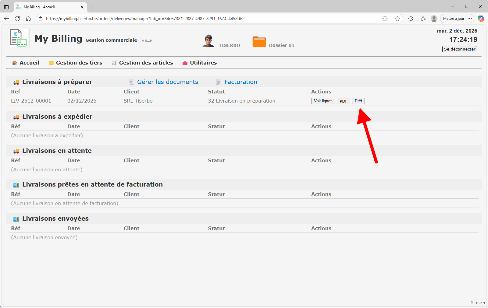 Bouton Prêt sur la ligne de livraison à préparer