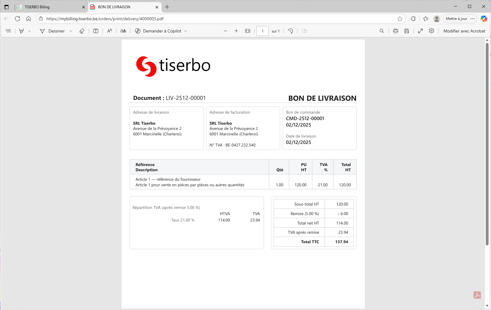 Bon de livraison client en PDF