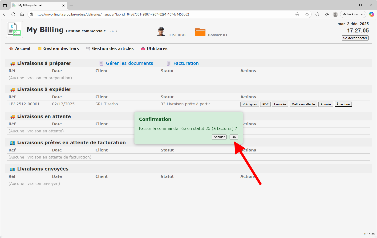 Confirmation pour passer la commande au statut à facturer