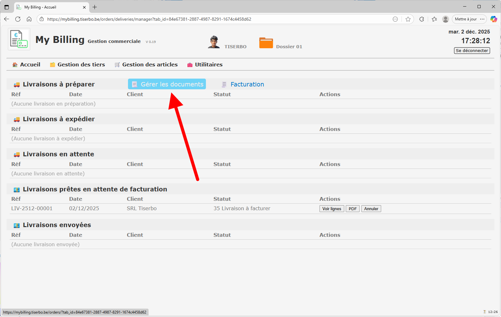 Accès à la gestion des documents de facturation