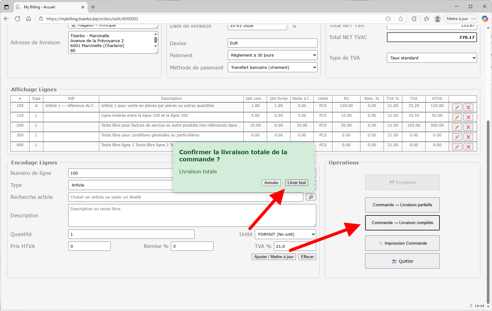 Détail des lignes de la facture (livraisons et lignes libres)
