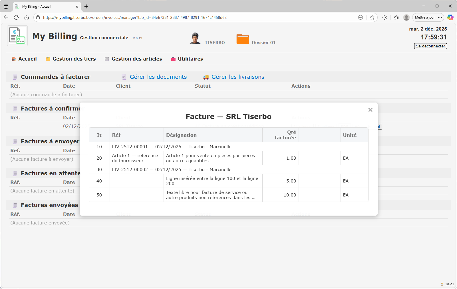 Facture dans la liste des factures envoyées avec action Clôturer