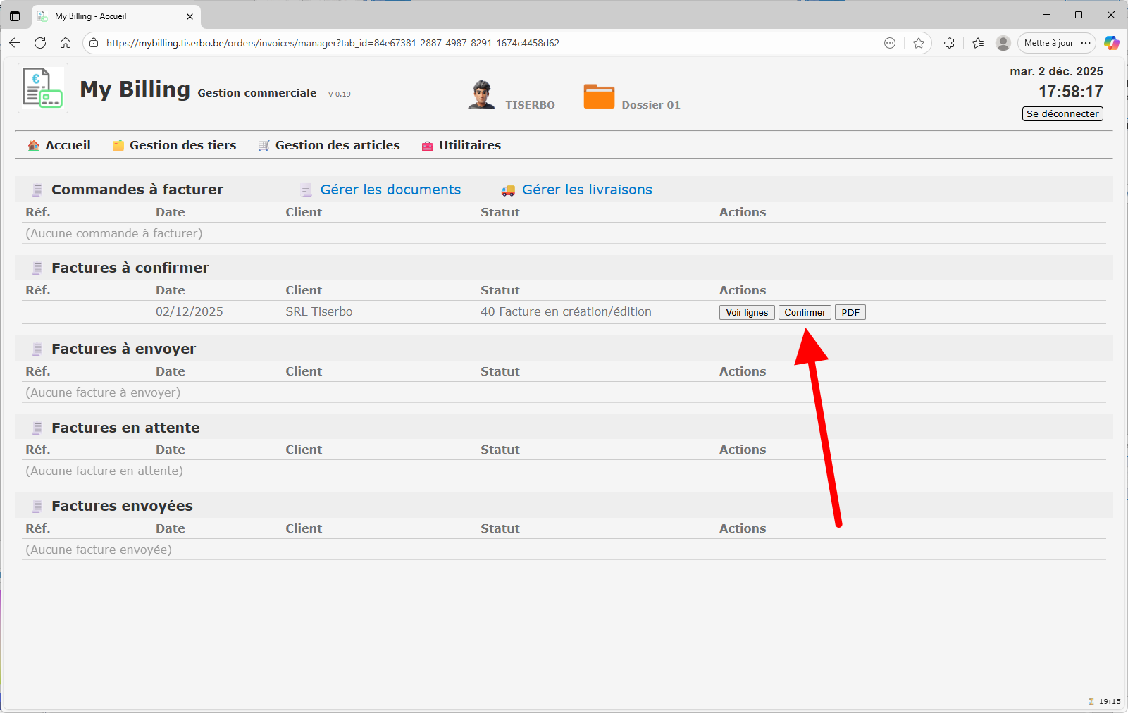 Retour à l'écran de facturation montrant la commande à facturer