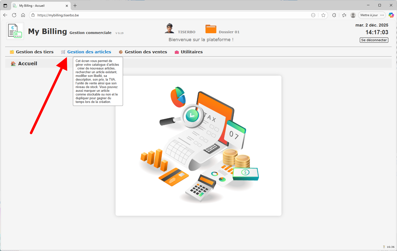 Accès au menu Gestion des articles depuis l'accueil