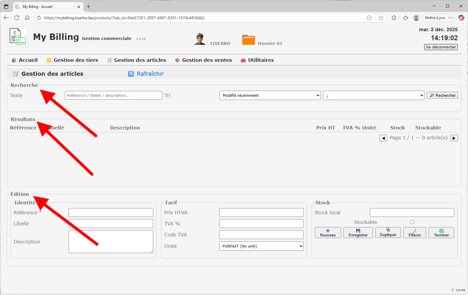 Présentation générale de l'écran Gestion des articles