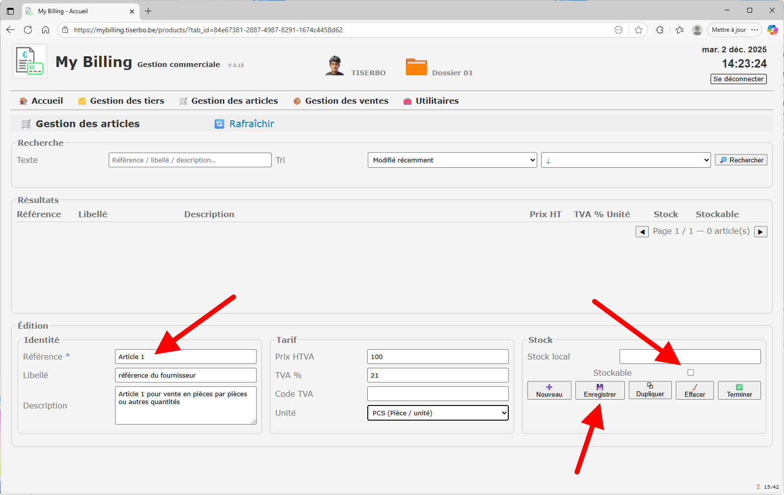 Saisie d'un nouvel article avant enregistrement