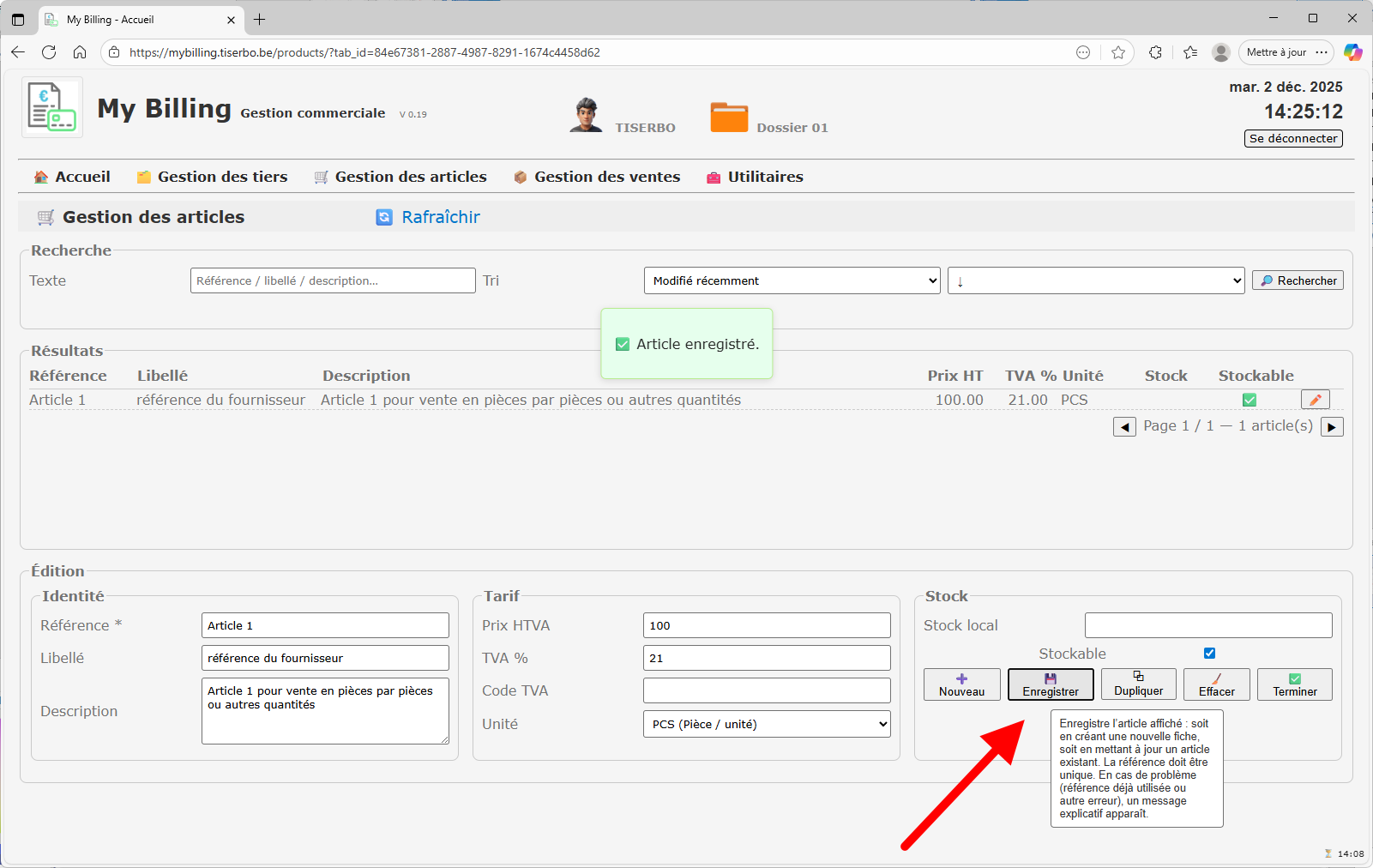 Article enregistré et visible dans la liste
