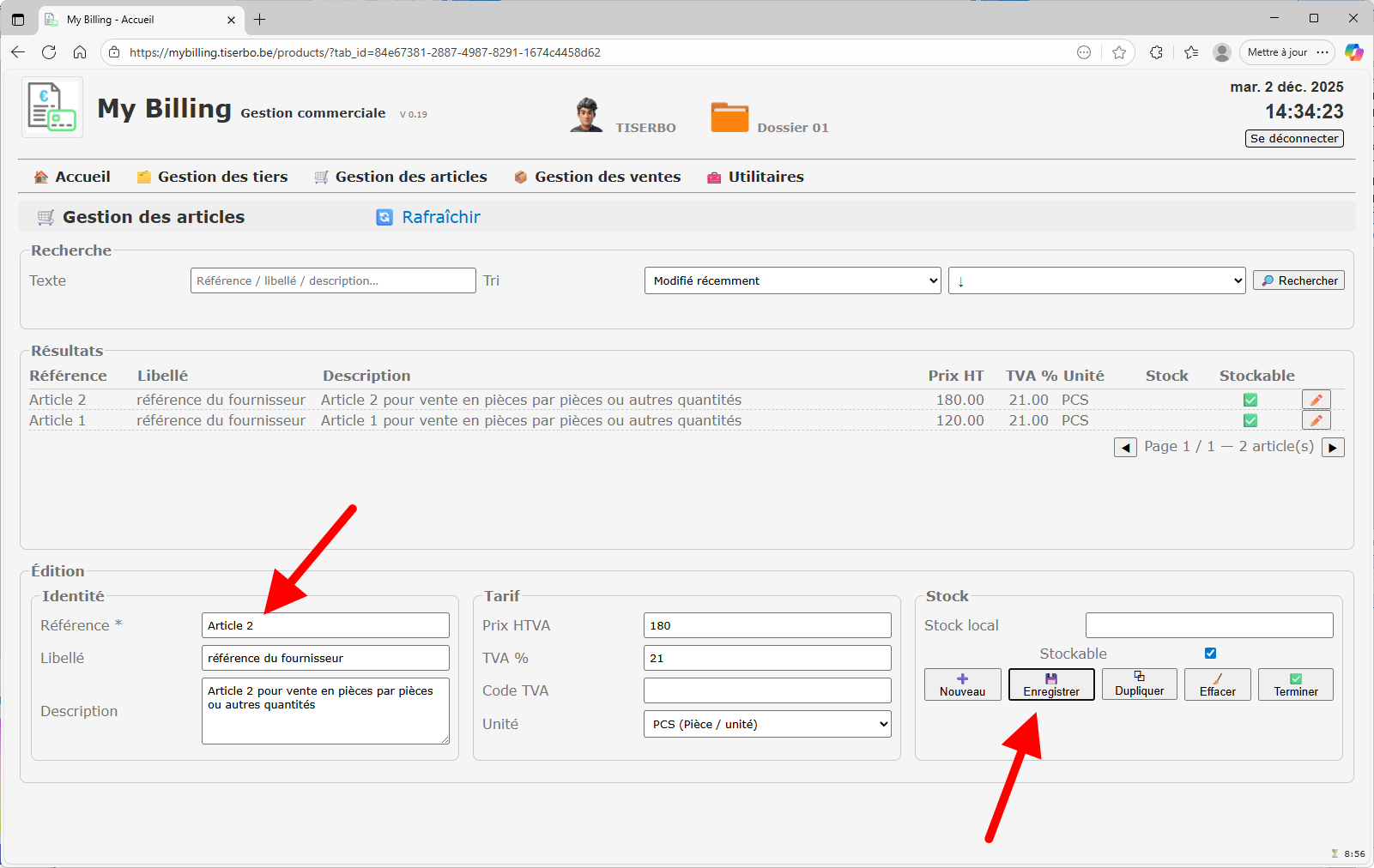 Liste d'articles après plusieurs duplications