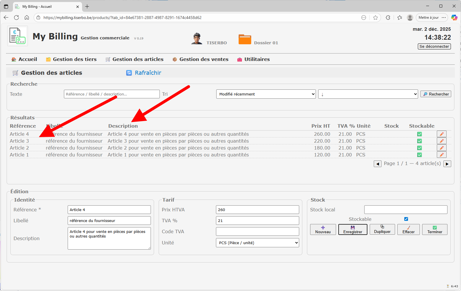 Zone de recherche et tri des articles