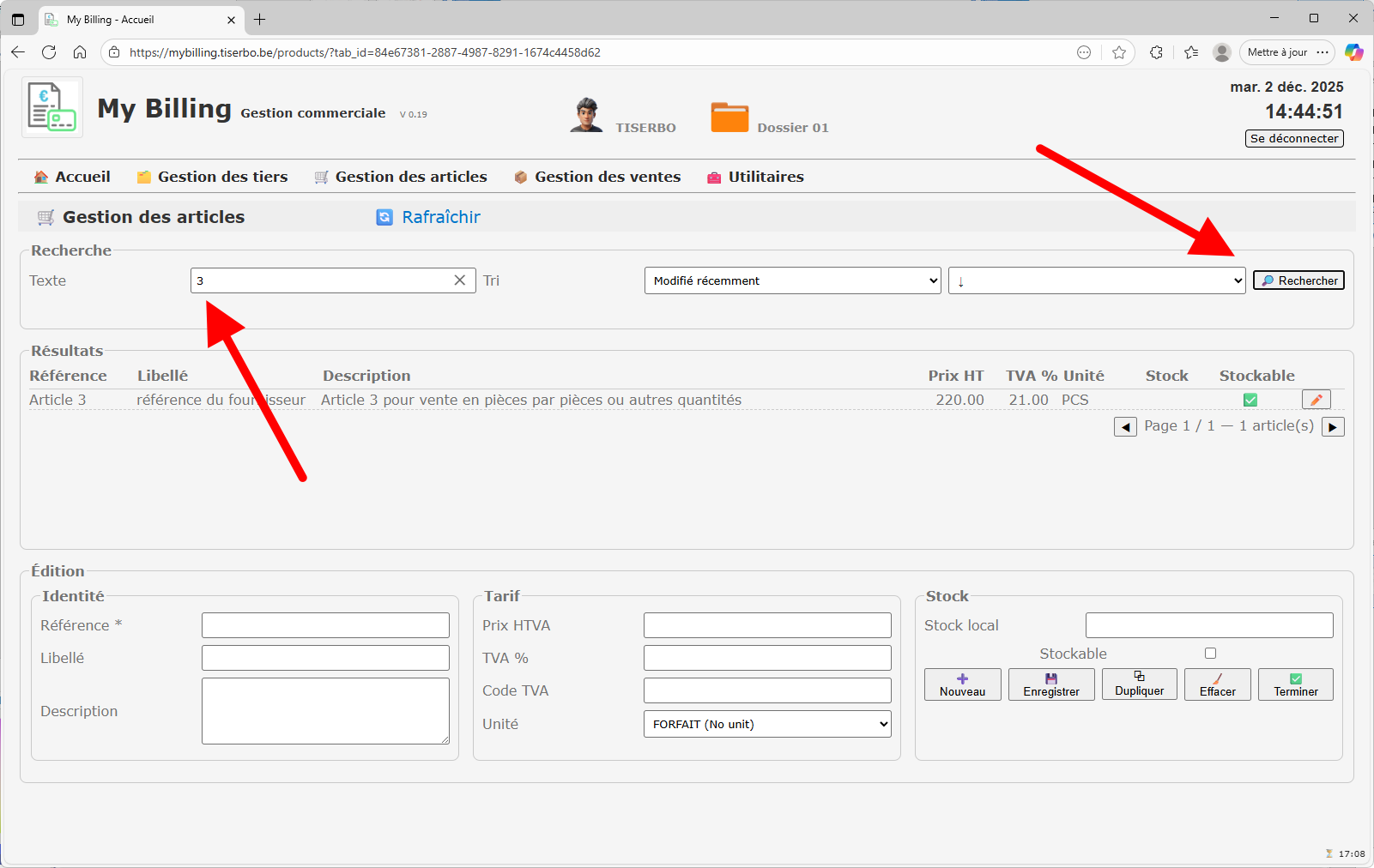 Bouton Rafraîchir la gestion des articles