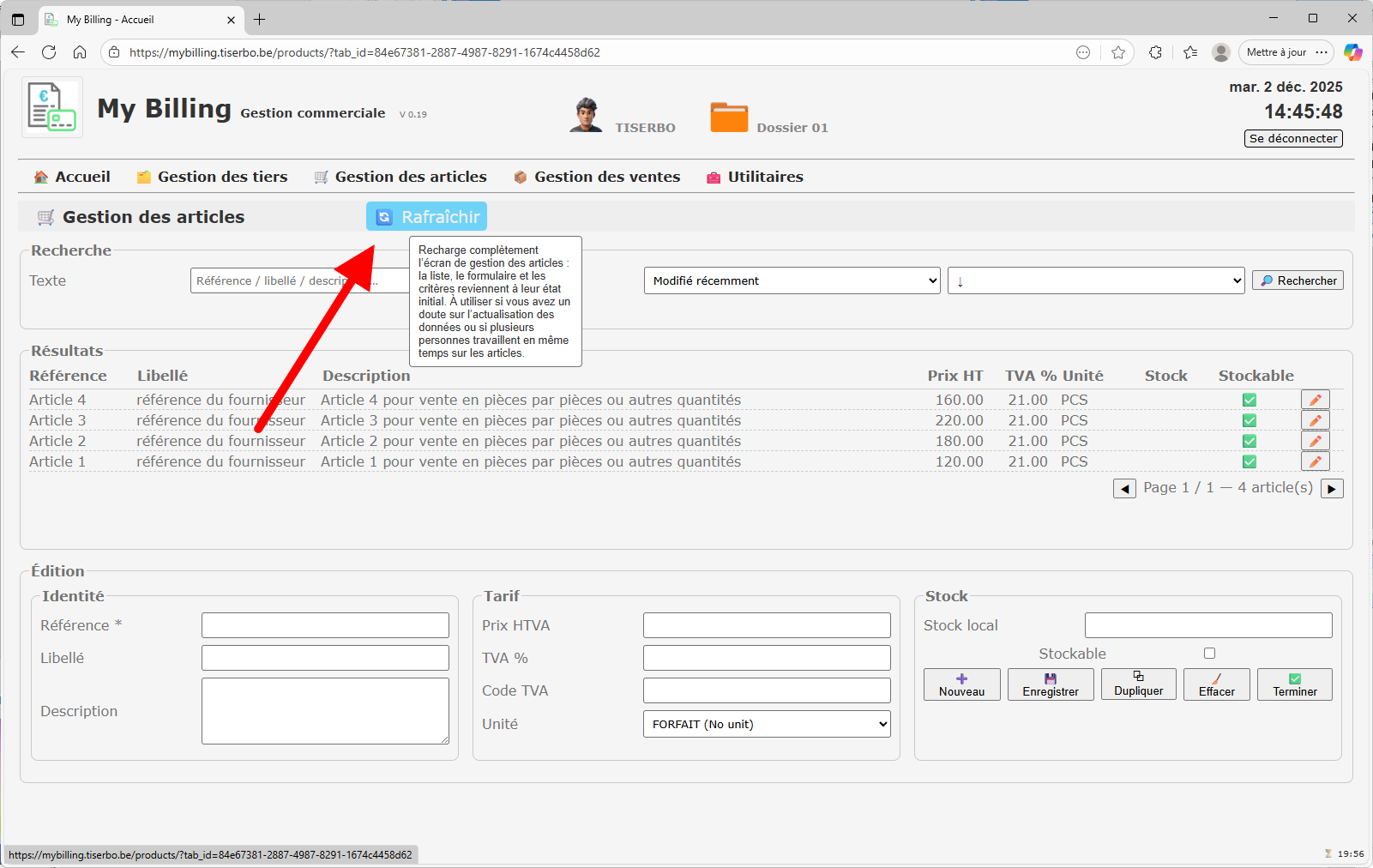 Bouton Effacer le formulaire d'édition