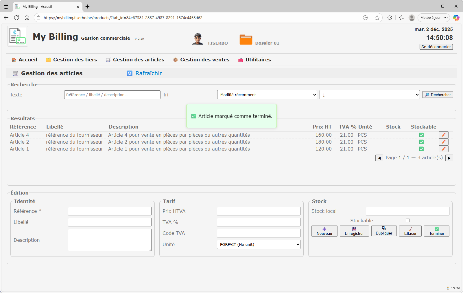 Mise à jour du stock local pour un article