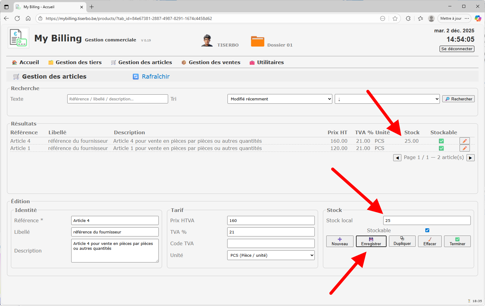 Liste des articles avec stock mis à jour