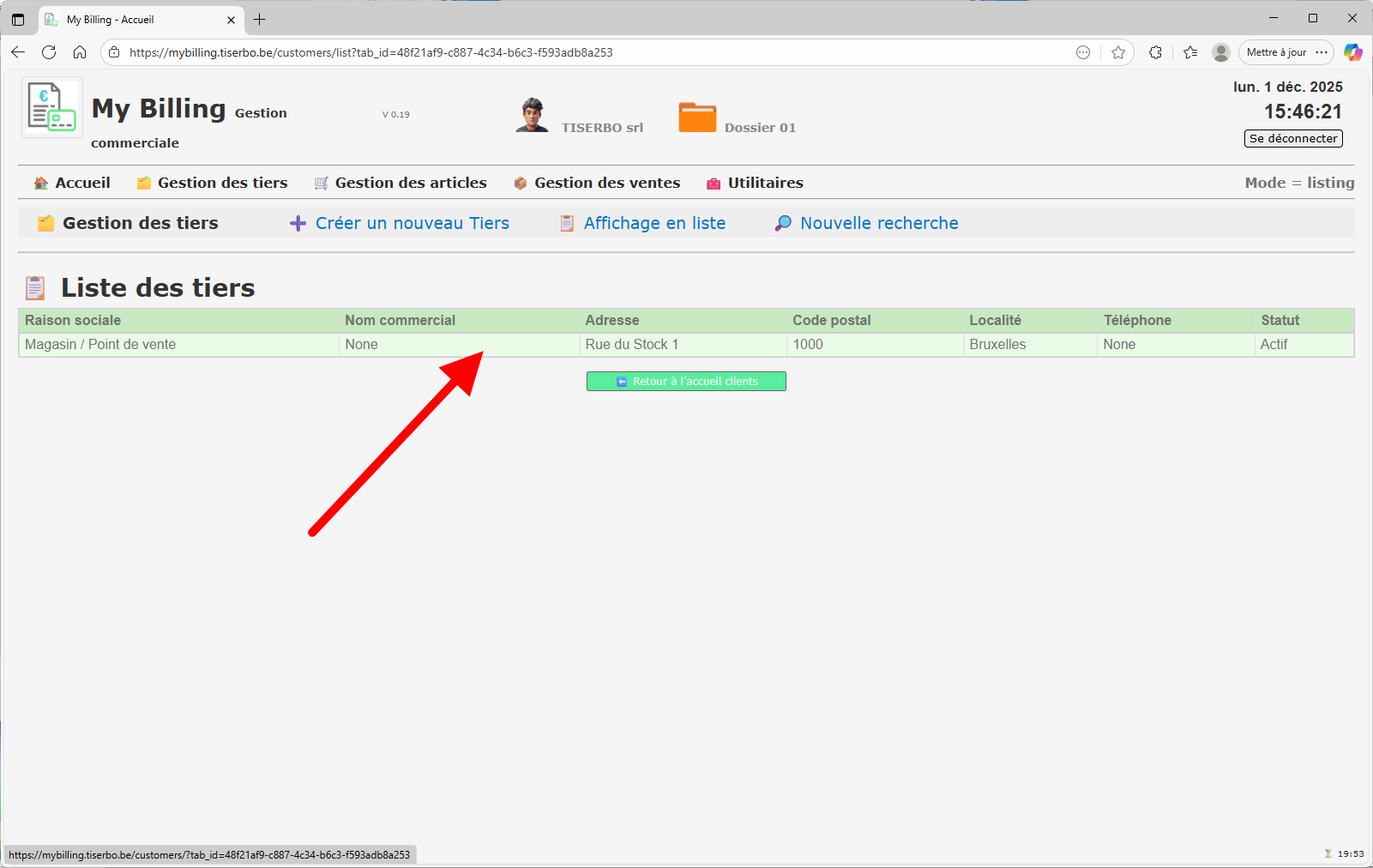Liste des tiers – sélection du client par défaut