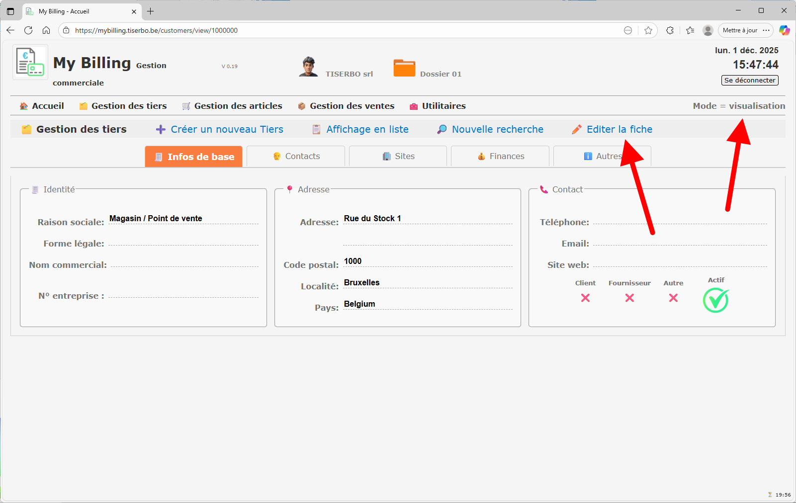Fiche client en mode visualisation