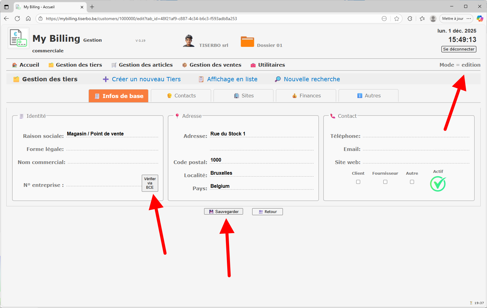 Fiche client en mode édition